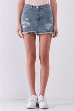 Load image into Gallery viewer, Denim Mini Skirt Medium Blue Washed Denim Ripped High Waist Raw Hem Detail Mini Skirt