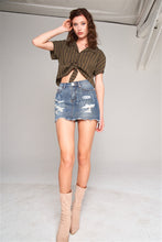 Load image into Gallery viewer, Denim Mini Skirt Medium Blue Washed Denim Ripped High Waist Raw Hem Detail Mini Skirt