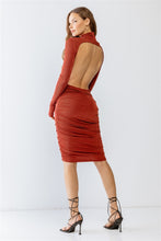 Load image into Gallery viewer, Brick Satin Effect Ruched Turtle Neck Open Back Midi Dress