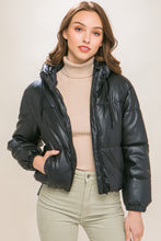 Load image into Gallery viewer, Pu Faux Leather Zipper Hooded Puffer Jacket