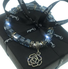 Load image into Gallery viewer, Opullent Light Blue Cubed Beaded Bracelet with Rose Charm (boxed)
