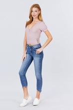 Load image into Gallery viewer, Short Puff Sleeve Surplice Neckline W/side Button Detail Rib Knit Top
