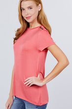 Load image into Gallery viewer, Short Sleeve Crew Neck W/shoulder Button Detail Rayon Spandex Top
