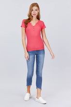 Load image into Gallery viewer, Short Sleeve W/button Detail Henley Neck Rib Knit Top
