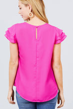 Load image into Gallery viewer, Short Cap Ruffle Sleeve Round Neck Woven Top
