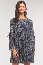 Load image into Gallery viewer, Navy Multicolor Paisley Print Loose Fit Trumpet Sleeve Self-tie Detail Mini Dress
