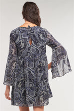 Load image into Gallery viewer, Navy Multicolor Paisley Print Loose Fit Trumpet Sleeve Self-tie Detail Mini Dress
