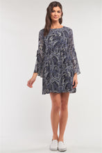 Load image into Gallery viewer, Navy Multicolor Paisley Print Loose Fit Trumpet Sleeve Self-tie Detail Mini Dress
