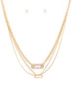 Load image into Gallery viewer, Three Layered Metal Chain Rhinestone Oval Pendant Necklace Earring Set

