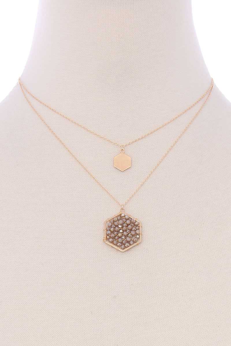 2 Layered Glass Beaded Geometric Pendant Necklace