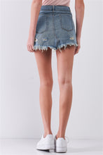 Load image into Gallery viewer, Denim Mini Skirt Medium Blue Washed Denim Ripped High Waist Raw Hem Detail Mini Skirt
