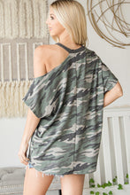 Load image into Gallery viewer, Asymmetric Neck / Off the Shoulder Contrast Trim Camo Print Top
