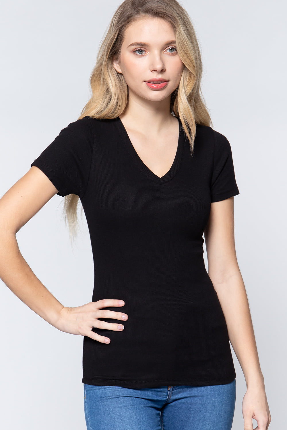 Basics Short Sleeve V-neck Rib Top