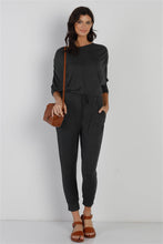 Load image into Gallery viewer, Ruched Detail Dolman Midi Sleeve Fitted Waistline Jumpsuit
