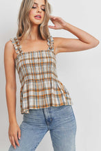 Load image into Gallery viewer, Ruffle Strap Smocked Peplum Plaid
