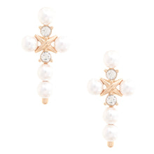 Load image into Gallery viewer, Pearl Bead Cross Dangle Earring
